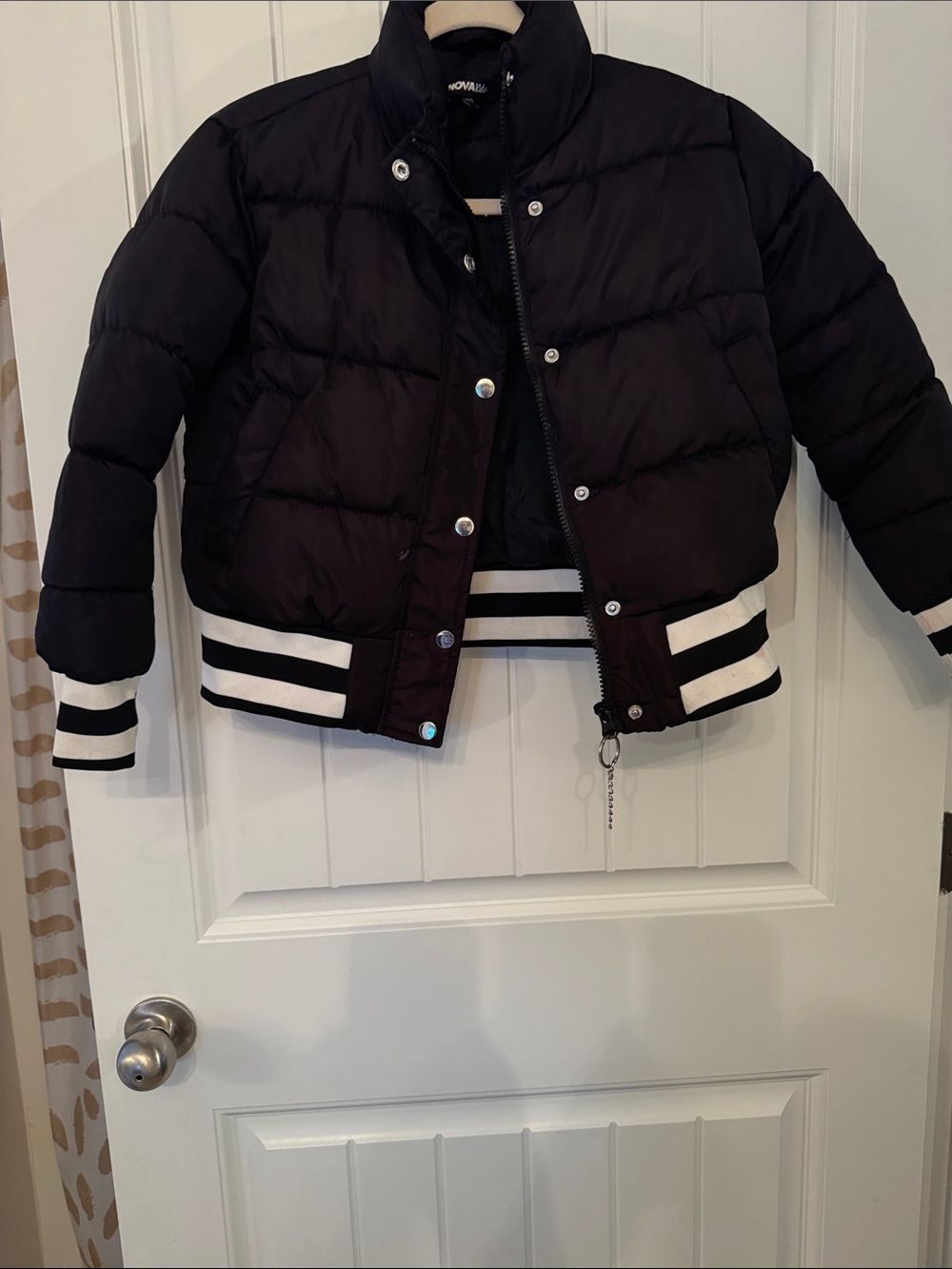 Kids Black Cropped Puffer Jacket with Striped Rib Trim